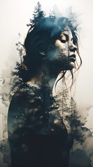 Creative portrait of a girl in double exposure combined with a forest landscape