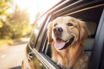 An adorable dog enjoys a fun car ride, with its head out of the window, enjoying the beautiful outdoor. Its happy expression and playful nature make this journey a memorable adventure. - obrazy, fototapety, plakaty