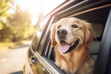 Foto op Canvas An adorable dog enjoys a fun car ride, with its head out of the window, enjoying the beautiful outdoor. Its happy expression and playful nature make this journey a memorable adventure. © Fortis Design