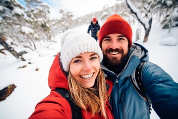 Fototapeta na wymiar happy young couple taking a selfie on the snowy mountains. Winter concept