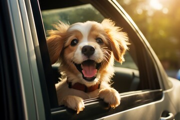 An adorable dog enjoys a fun car ride, with its head out of the window, enjoying the beautiful outdoor. Its happy expression and playful nature make this journey a memorable adventure.