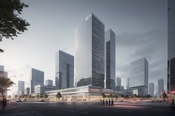 rendering of a city with tall buildings and a street with people walking
