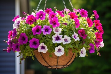 a hanging basket filled with bright petunias - obrazy, fototapety, plakaty