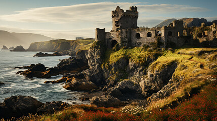 A coastal castle perched on a hill, overlooking the endless expanse of the shimmering sea
