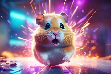 Cute and funny hamster on a futuristic colourful background