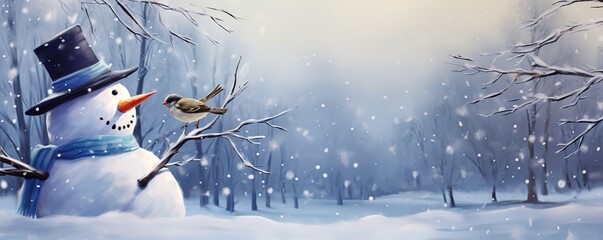 A photo of a snowman in the winter with bird. generative AI - obrazy, fototapety, plakaty