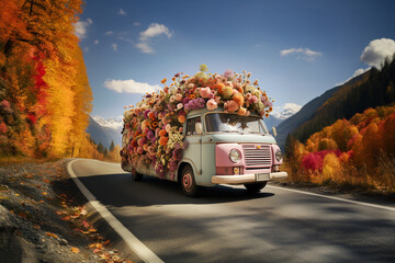 Van loaded with flowers driving on a road, deliver gift of hope, dreams and positive thinking, imagination and inspiration, travel lifestyle