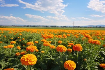 a field full of annual marigolds at full bloom