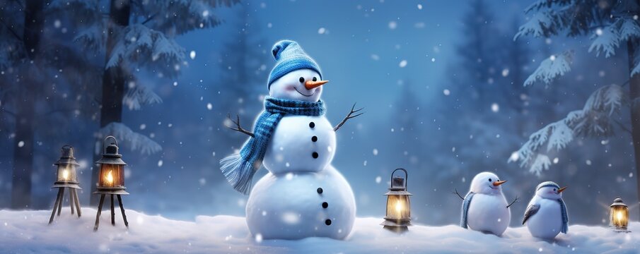 A photo of a snowman in the winter with bird. generative AI