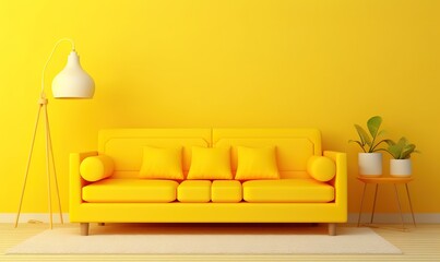 a yellow interior design with sofas and decorative lamps. Generative AI