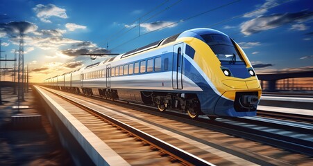Naklejka premium illustration of a fast train in a semi-realistic style. Generative Ai