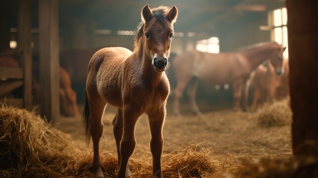 A cute baby horse stands in the stables. Adorable newborn foal.