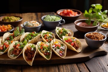a variety of mini street tacos on a rustic wooden table - obrazy, fototapety, plakaty