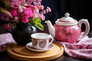 teapot with a teacup on a wooden tray beside a bouquet of flowers