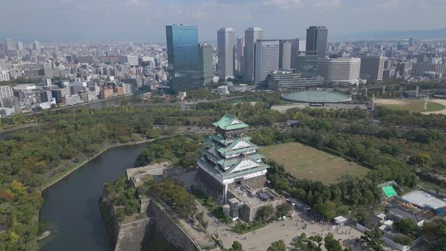 high flying clockwise around famous Osaka Castle
