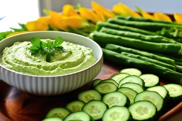 an array of cucumber slices leading to a bowl of hummus