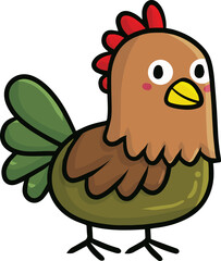 Cute and funny brown green rooster cartoon illustration