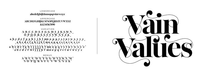 Elegant Font Uppercase Lowercase Number And Ampersand. Classic Lettering Minimal Fashion Designs. Typography modern serif fonts regular decorative vintage concept. vector illustration - obrazy, fototapety, plakaty