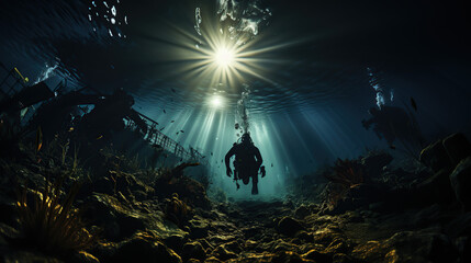 A group of divers prepare to dive at night in the sea.