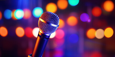 Professional vocal microphone on stage with a bokeh backdrop of concert lights. Karaoke concept. Generative AI