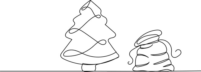 Christmas tree and gift bag continuous line drawing isolated vector