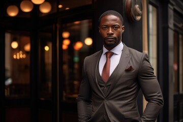 Fototapeta premium Athletic African American businessman on the street in a classic suit, with a good body.