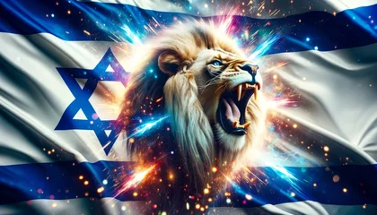 Foto op Plexiglas Generative AI image of a lion with a flag of israel © Eitan Baron