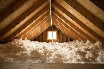 Cellulose insulation made from recycled paper insulates the attic. Generative AI - obrazy, fototapety, plakaty