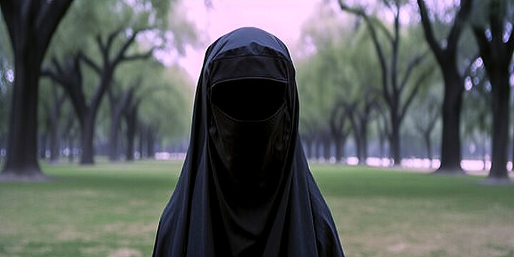 Muslim woman in niqab and rain boots alone in park during pandemic.