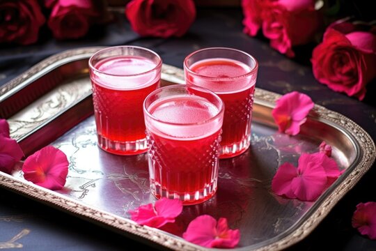 glass of chilled rooh afza on a tray with flower rangoli
