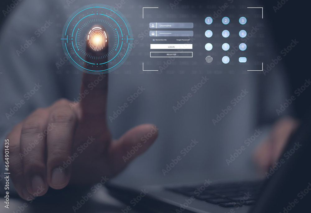 Poster photo mixed with graphics of a man extending his hand to scan fingerprints on virtual screen, cyber 
