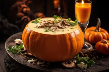creamy mushroom soup served in a pumpkin
