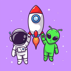 Cute Astronaut And Alien Flying With Rocket In SpaceCartoon Vector Icon Illustration. Science Technology Icon Concept Isolated Premium Vector. Flat Cartoon Style © catalyststuff