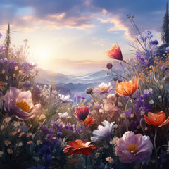 Fototapeta na wymiar Beautiful magic meadow with flowers background