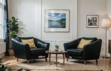  luxury livingroom interior design mockup with black leather furniture and picture frame in a wall.