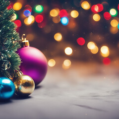 Christmas background. Coloful Christmas toys of de-focused lights with decorated tree. Space for text.