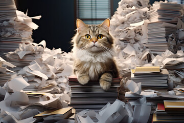 Cat surrounded by piles of papers