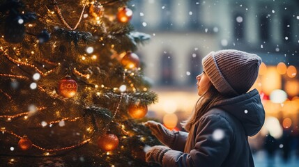 Child touching snow on Christmas tree branches