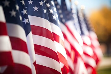 Closeup of an American flag in a row.