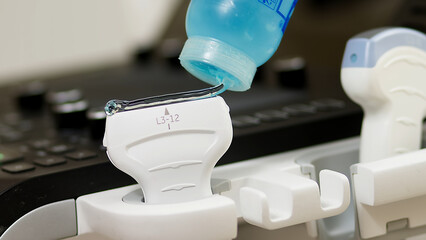 Close-up photo of an ultrasound scanner. Diagnostics. Sonography. Modern ultrasouClose-up photo of...