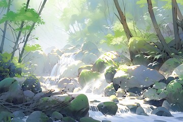 Watercolor scene of a cascading waterfall surrounded by rainforest.
