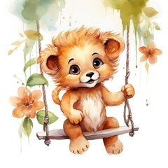 Cute happy baby lion on swings attached to the tree in watercolor style.