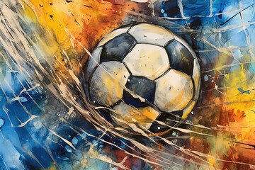 Soccer ball in the gate net, colorful artistic poster