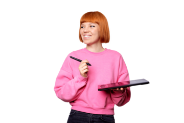 A smiling female designer in a pink sweet shot holding a graphic tablet.