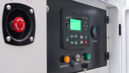 Fototapeta premium Electrical panel of an industrial generator. Distribution board of the generator inside. Distribution board of diesel generator
