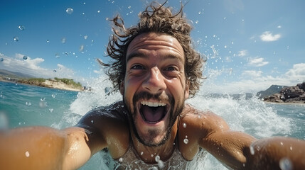 Happy man taking selfie with smart mobile phone device swimming in the ocean - Smiling tourist enjoying summer holiday outdoors wide angle lens realistic realistic daylight white - obrazy, fototapety, plakaty