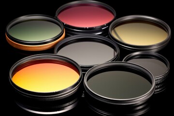 diagonal composition of different lens filters on a black background