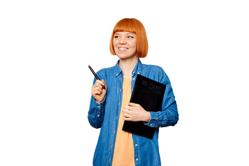 Smiling female designer holding a graphic tablet.