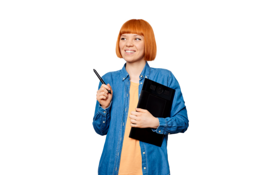 Smiling female designer holding a graphic tablet.