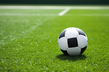 a soccer ball on a green pitch with white lines